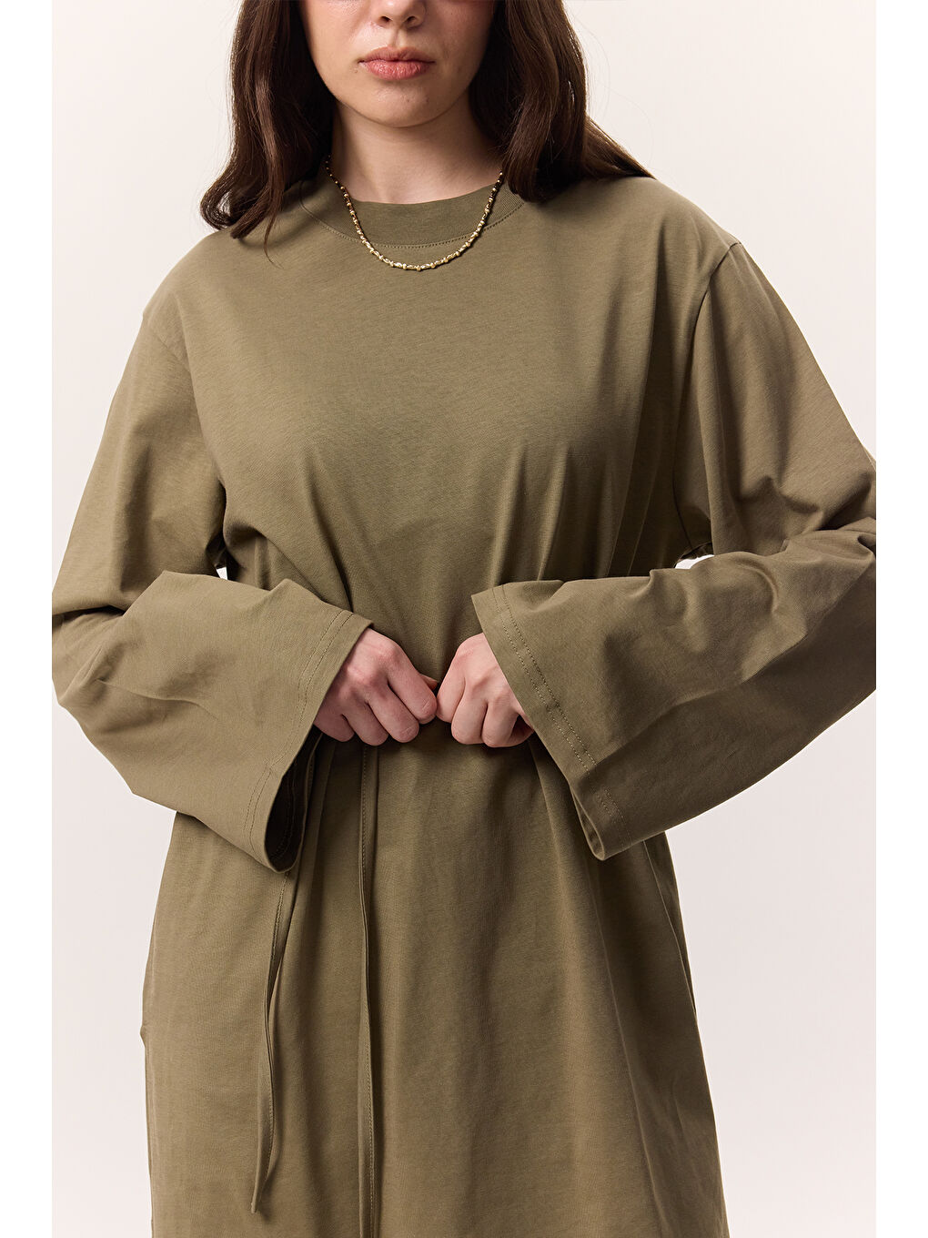 Bağlama Detaylı Oversıze Tshırt Haki-3