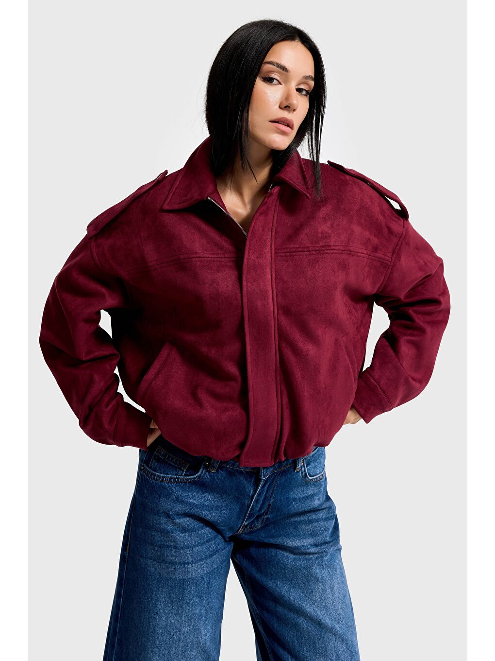 Kadın Bordo w5-35 Bomber Fit Bol Kesim Süet Kumaş Ceket
