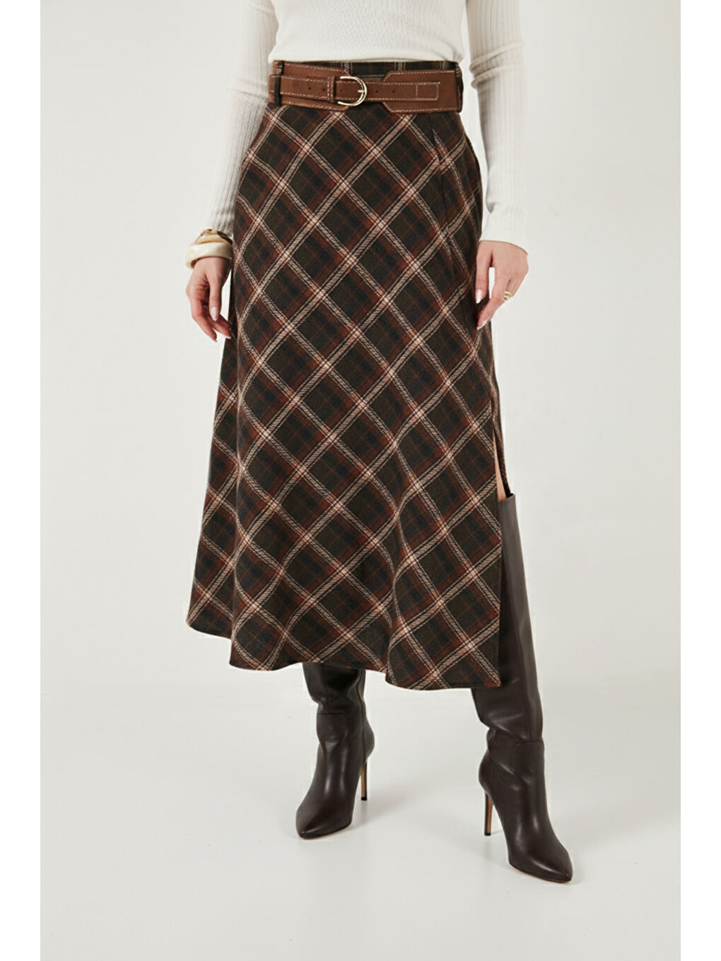 Kahverengi Pamuk Karışımlı Kemerli Cepli Kadın Midi Etek 6833365-3