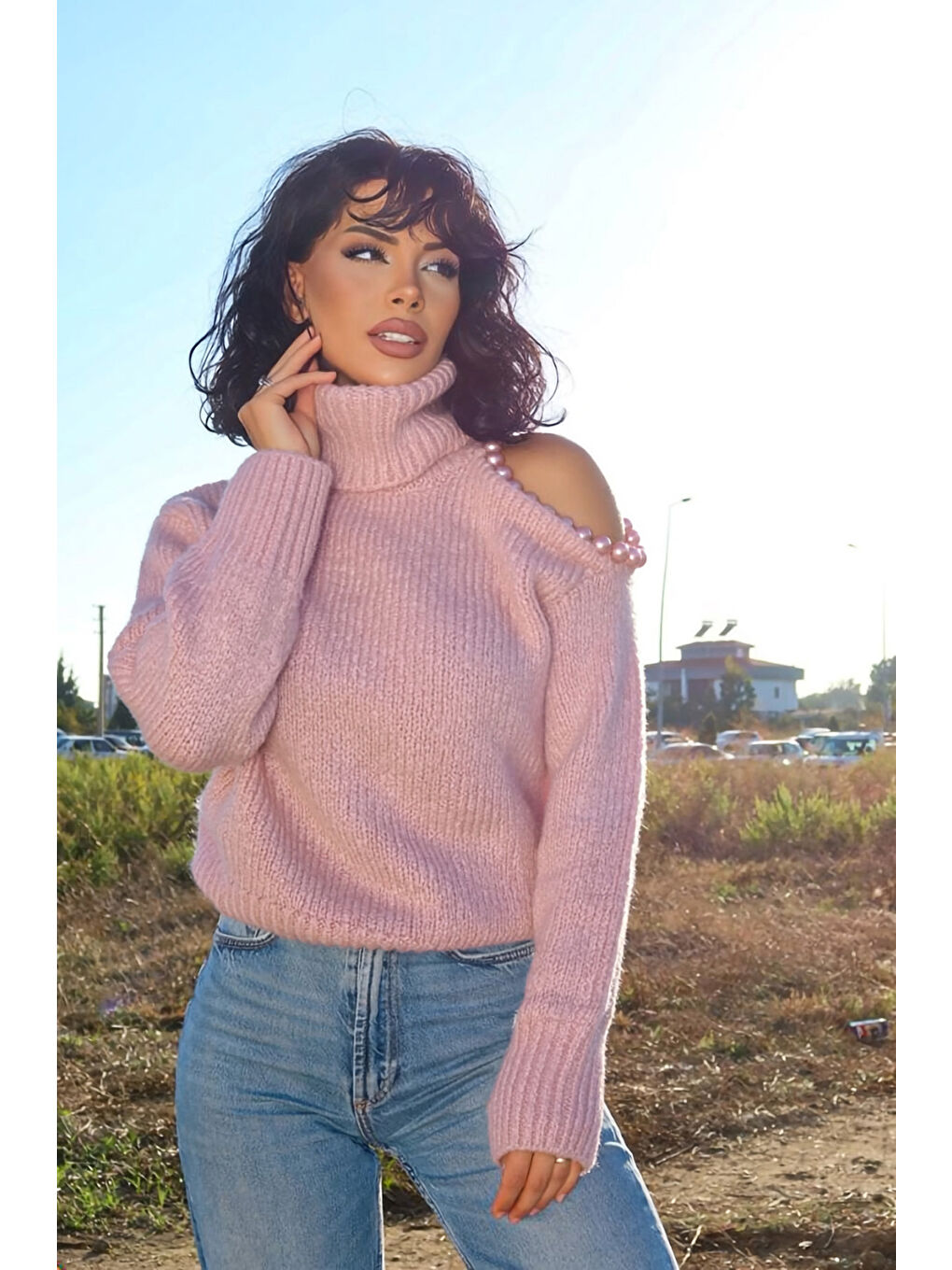 Pembe Omzu Boncuk Detaylı Boğazlı Triko Kazak MY-170-4