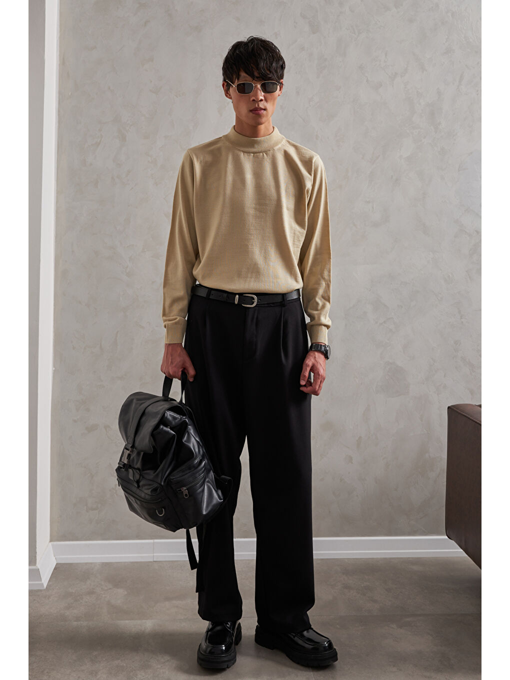 Ekru Erkek Yarım Balıkçı Oversize Basıc Triko Kazak-4