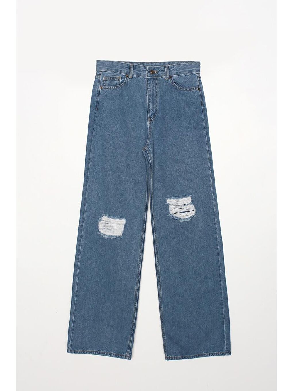 Mavi01-Yırtık Detaylı Wide Leg Pantolon-5