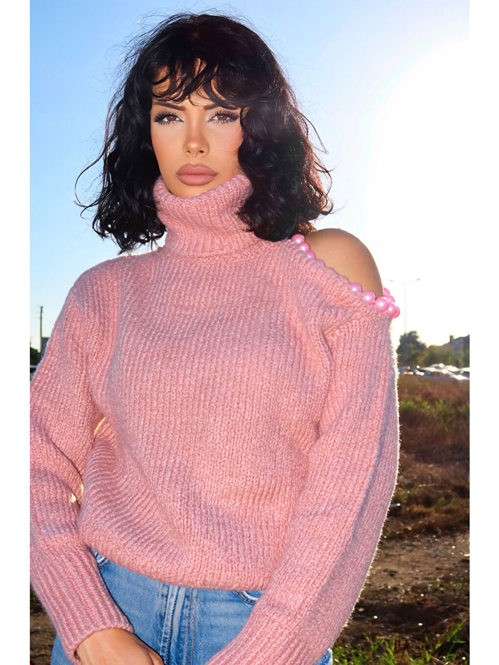 Pembe Omzu Boncuk Detaylı Boğazlı Triko Kazak MY-170-1