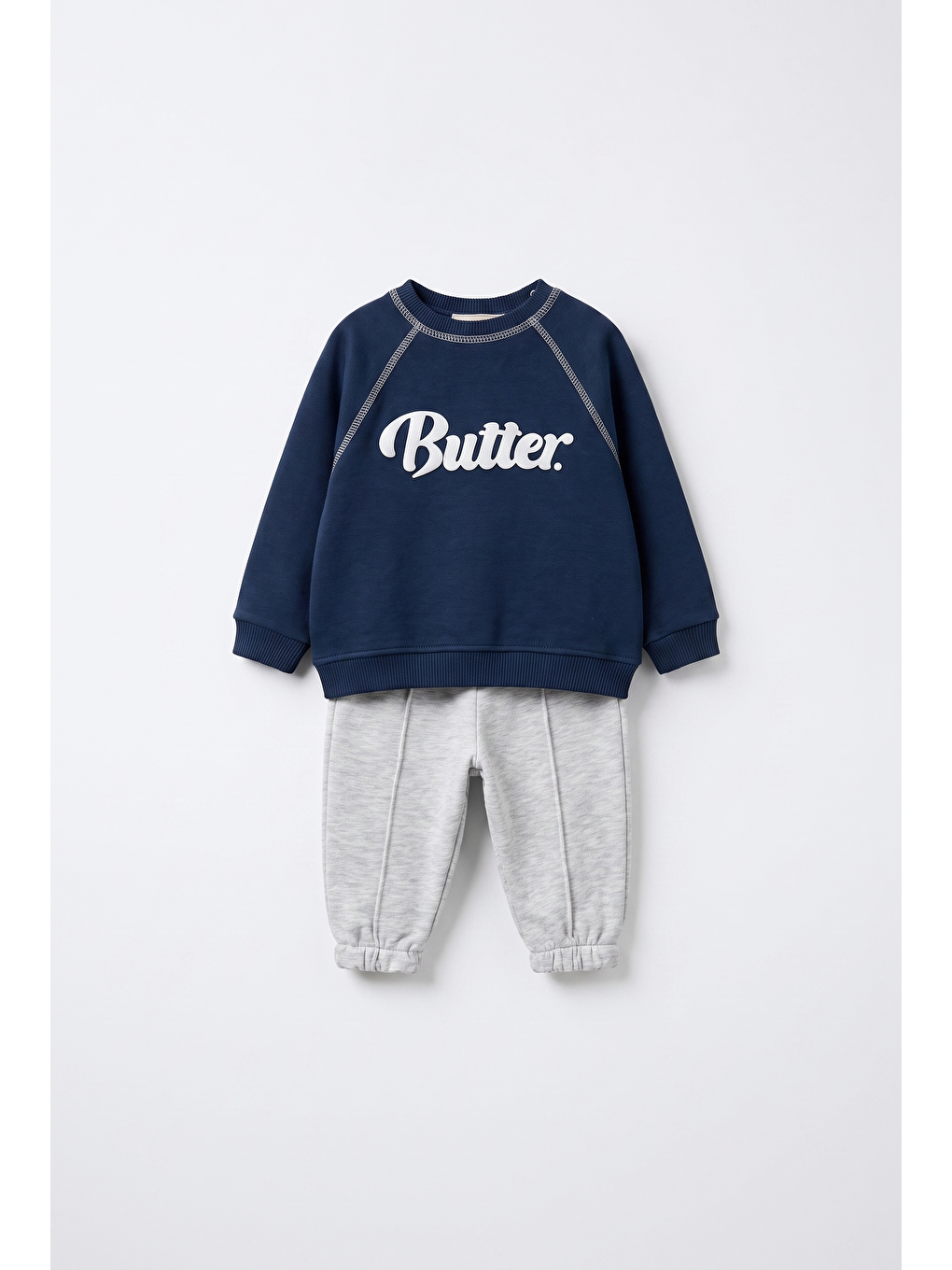Karışık Bebek Pamuklu Butter Baskılı Lacivert Sweatshirt Ve Gri Eşofman Altı Takımı