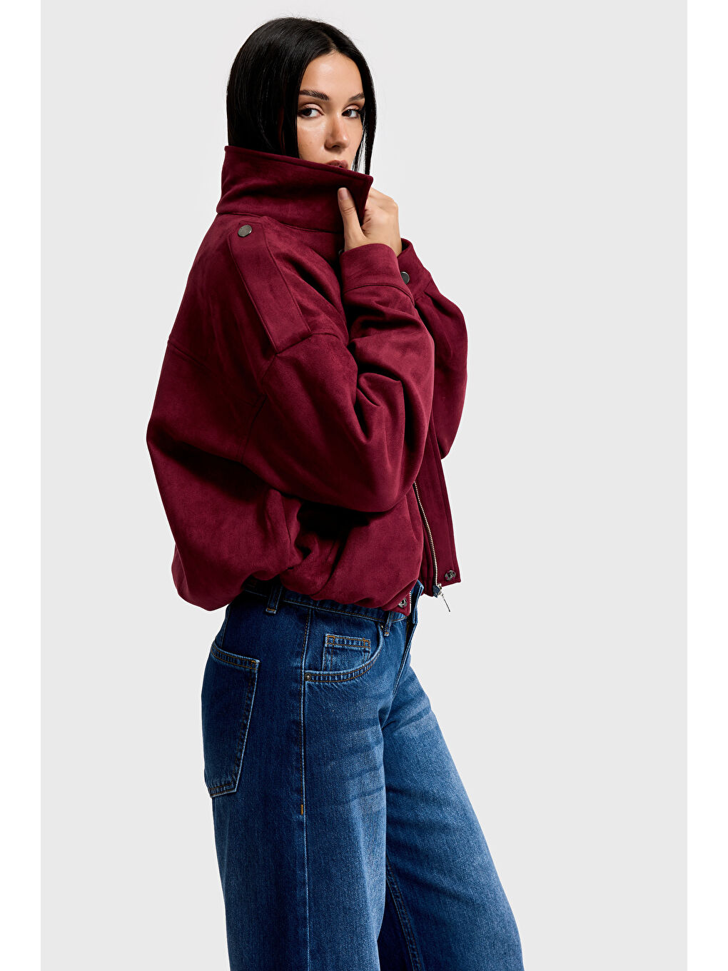 Kadın Bordo w5-35 Bomber Fit Bol Kesim Süet Kumaş Ceket-1
