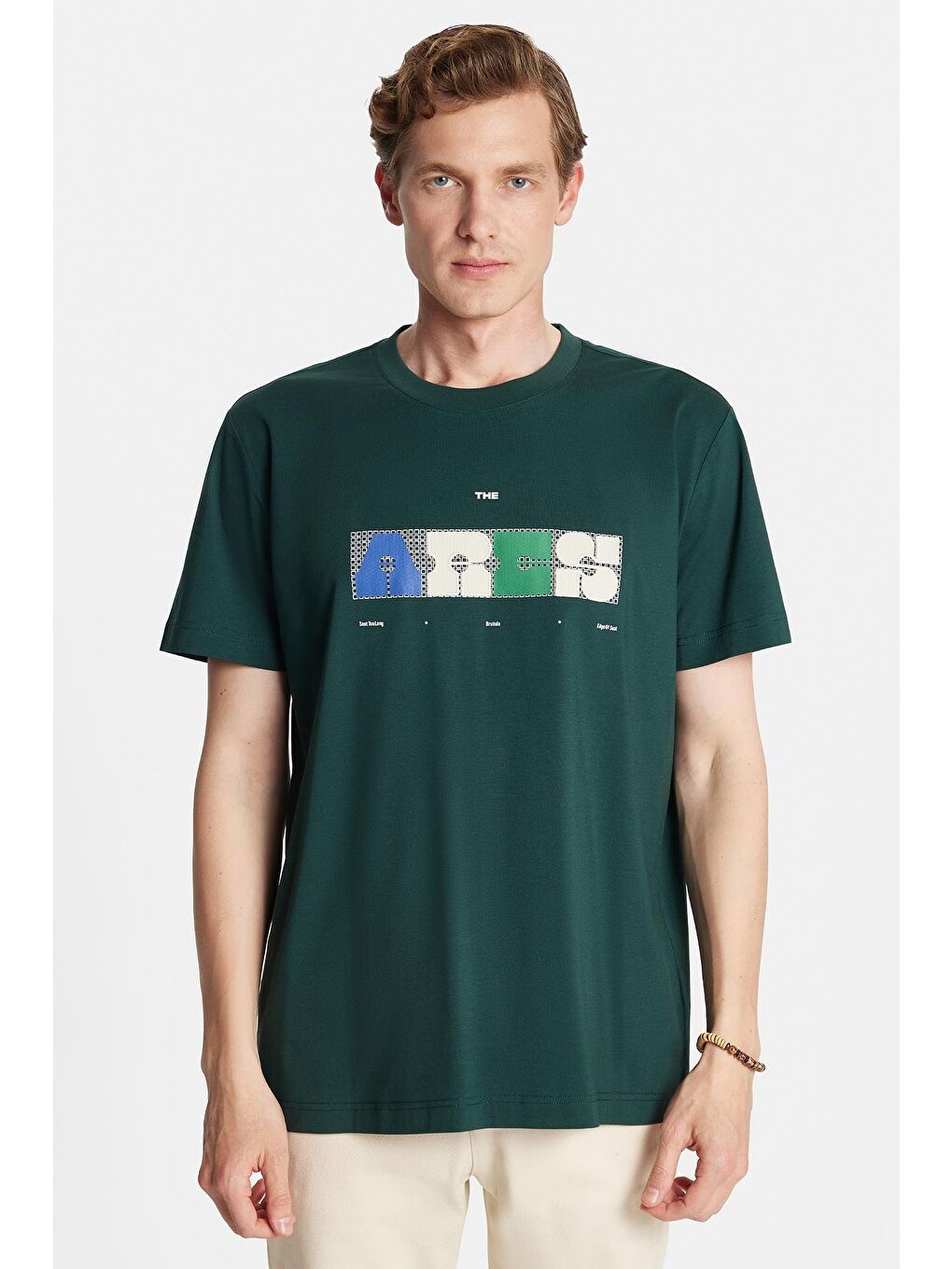 Relax Fit Rahat Kesim Pamuklu Ön Baskı Detaylı Bisiklet Yaka Yeşil Erkek Tişört