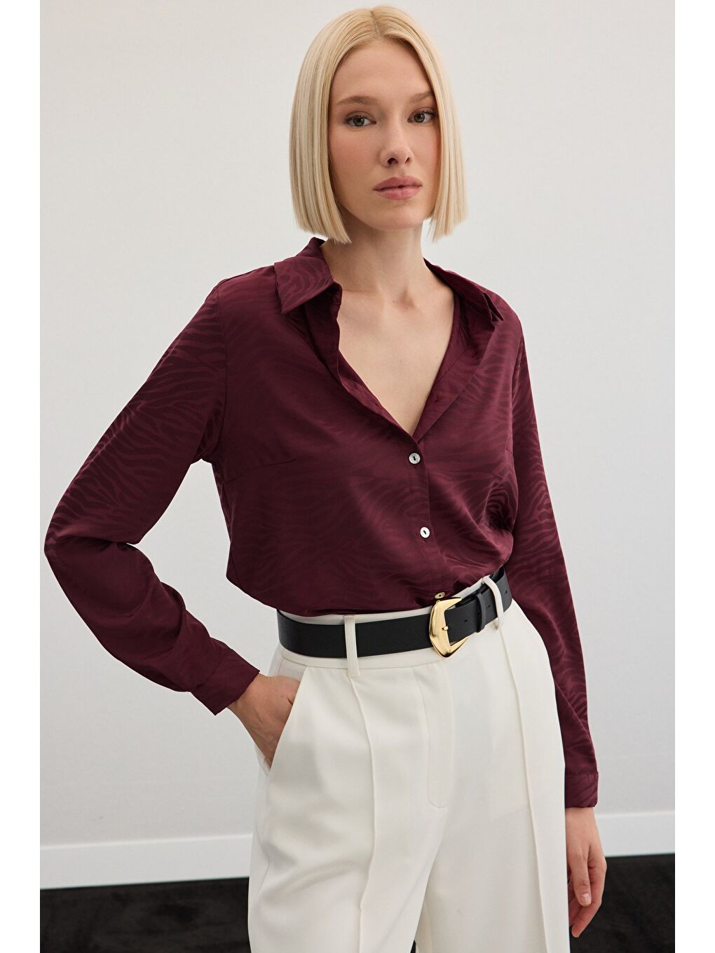 Zebra Desenli Gömlek - Bordo-5