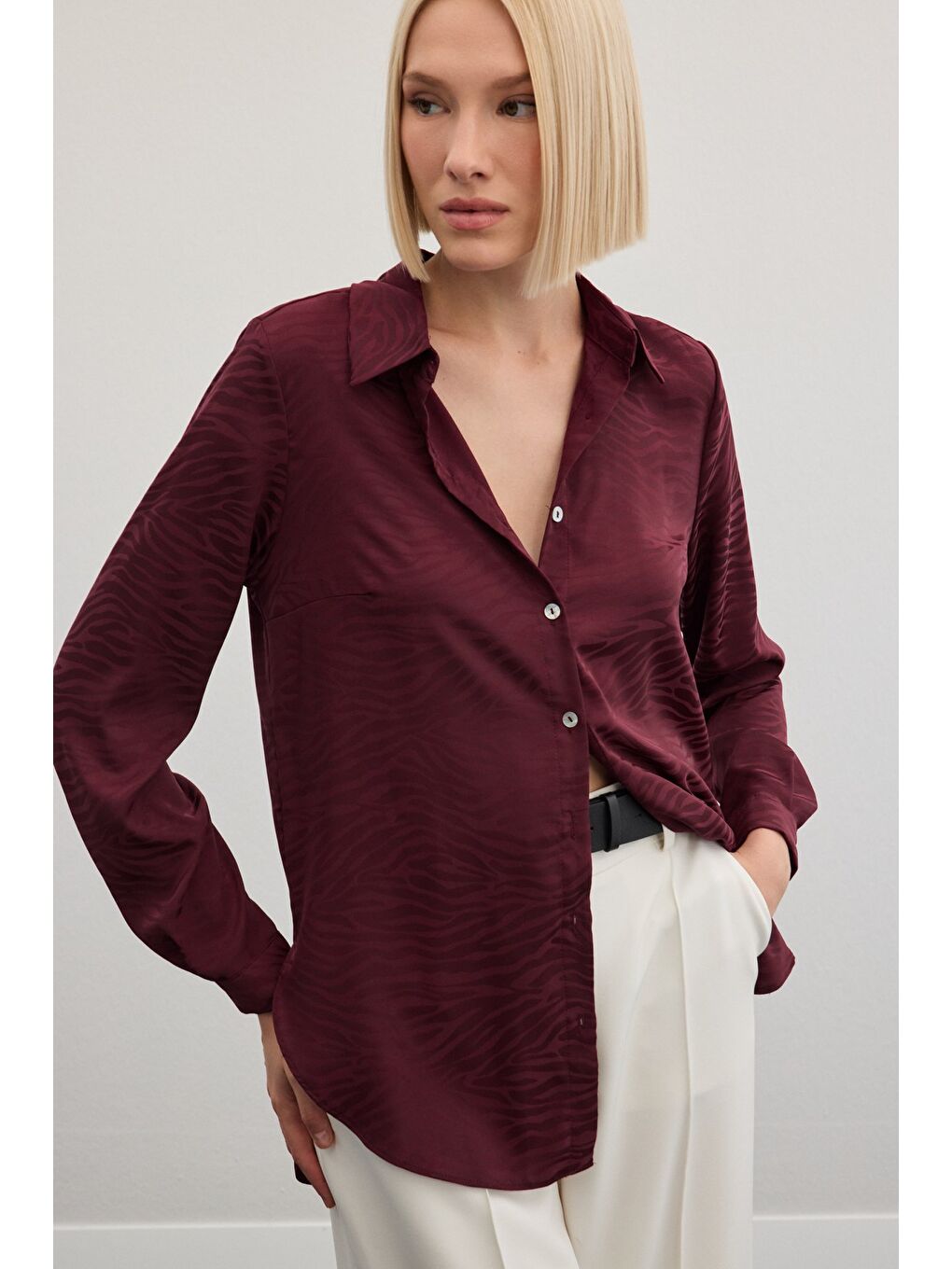 Zebra Desenli Gömlek - Bordo-6