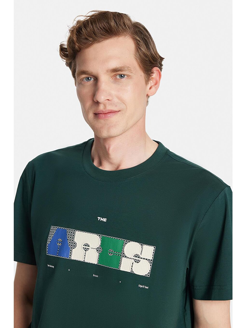 Relax Fit Rahat Kesim Pamuklu Ön Baskı Detaylı Bisiklet Yaka Yeşil Erkek Tişört-1