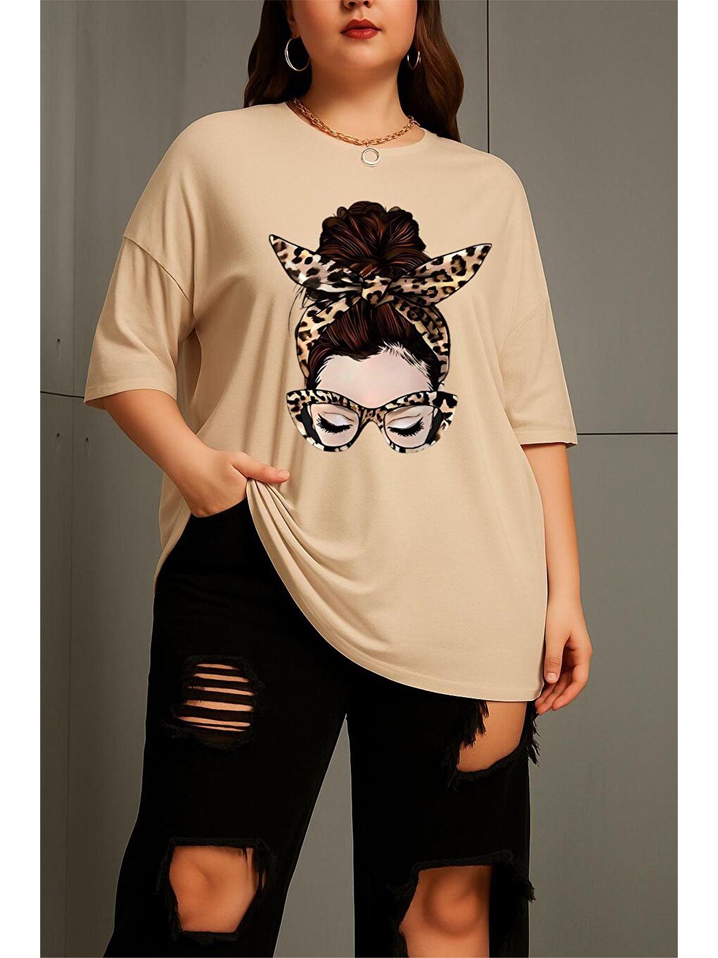 Bej Ceny Kadın Büyük Beden Battal Baskılı Bisiklet Yaka Pamuklu T-Shirt Rahat Kesim Unisex Sevgili Kombi