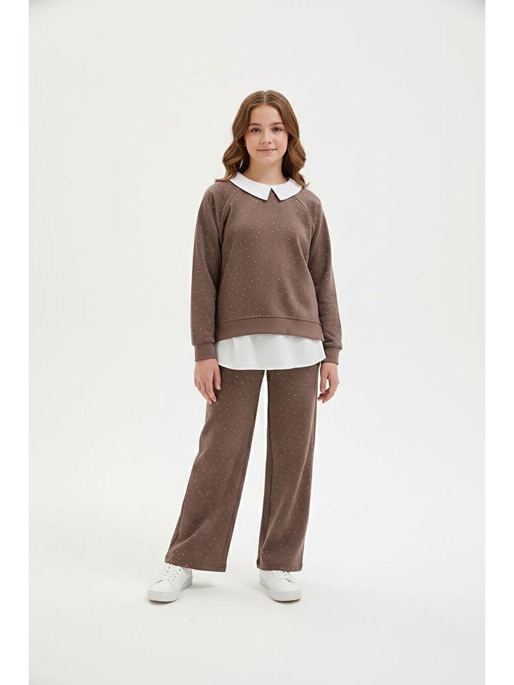 Kahverengi Taş Detaylı Pantolonlu Kız Çocuk 3lü Gömlekli Takım 23626