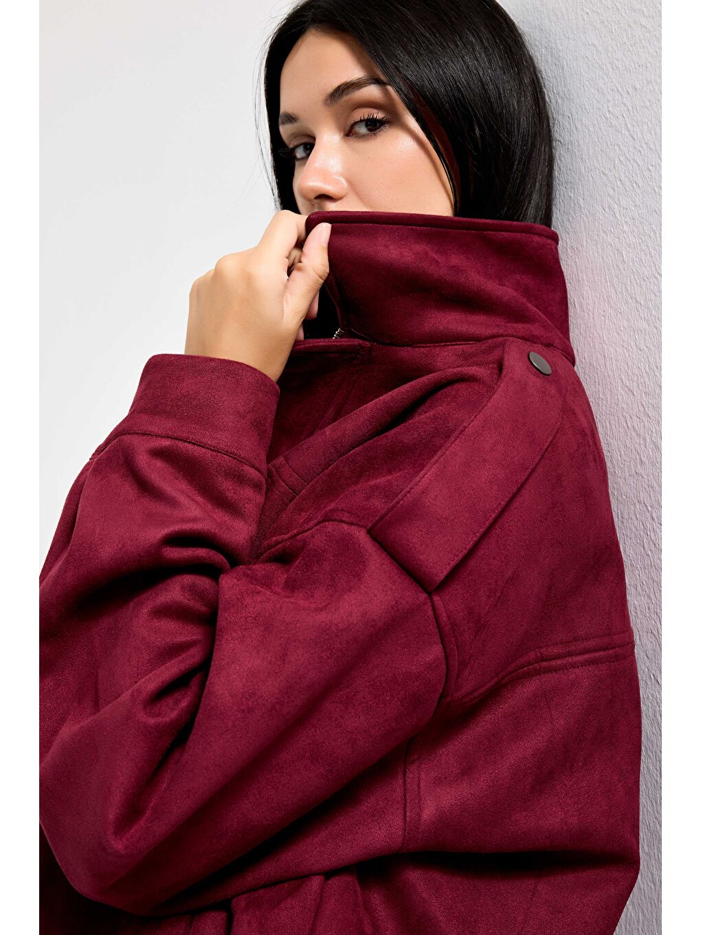Kadın Bordo w5-35 Bomber Fit Bol Kesim Süet Kumaş Ceket-2