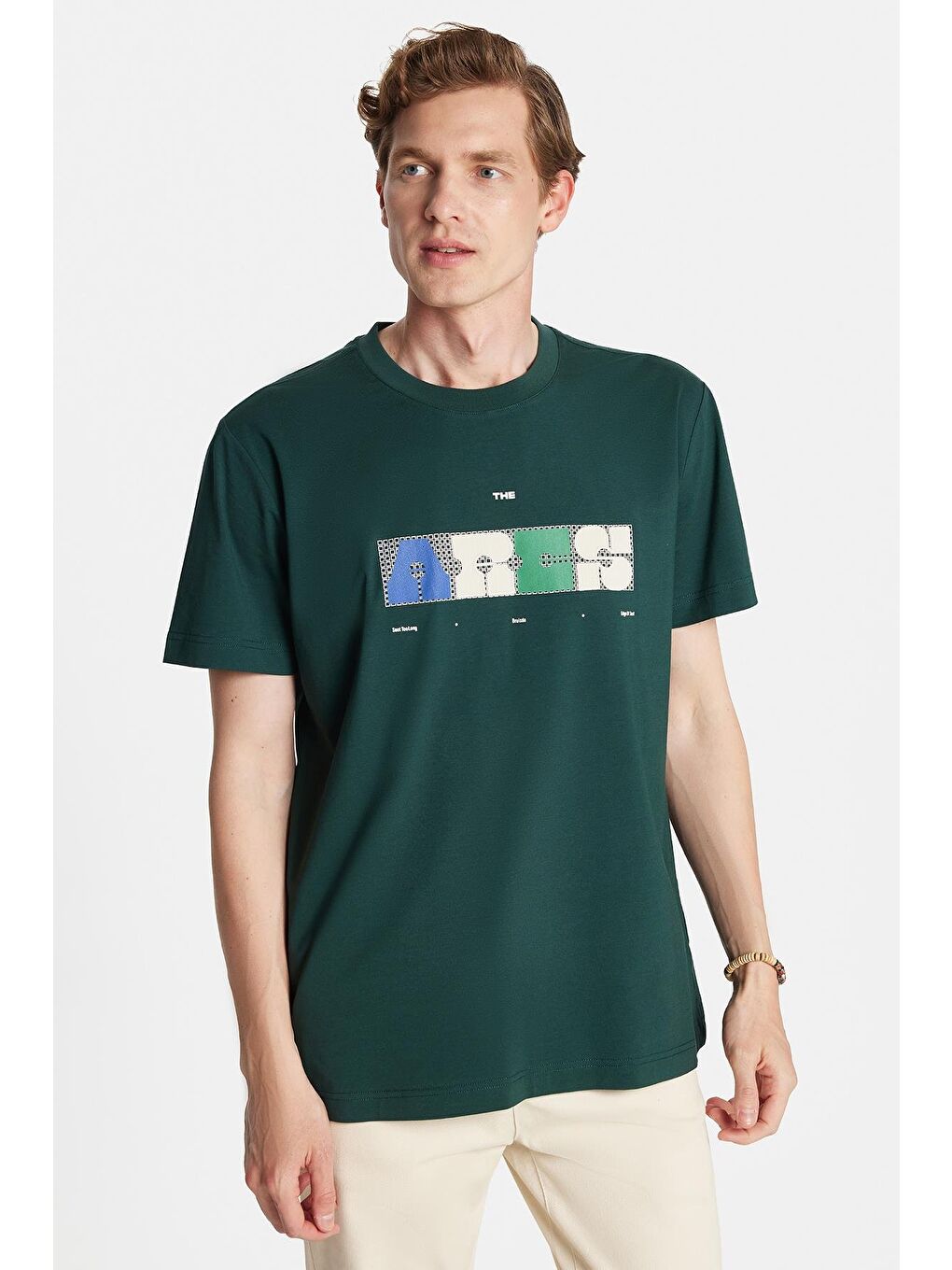 Relax Fit Rahat Kesim Pamuklu Ön Baskı Detaylı Bisiklet Yaka Yeşil Erkek Tişört-2