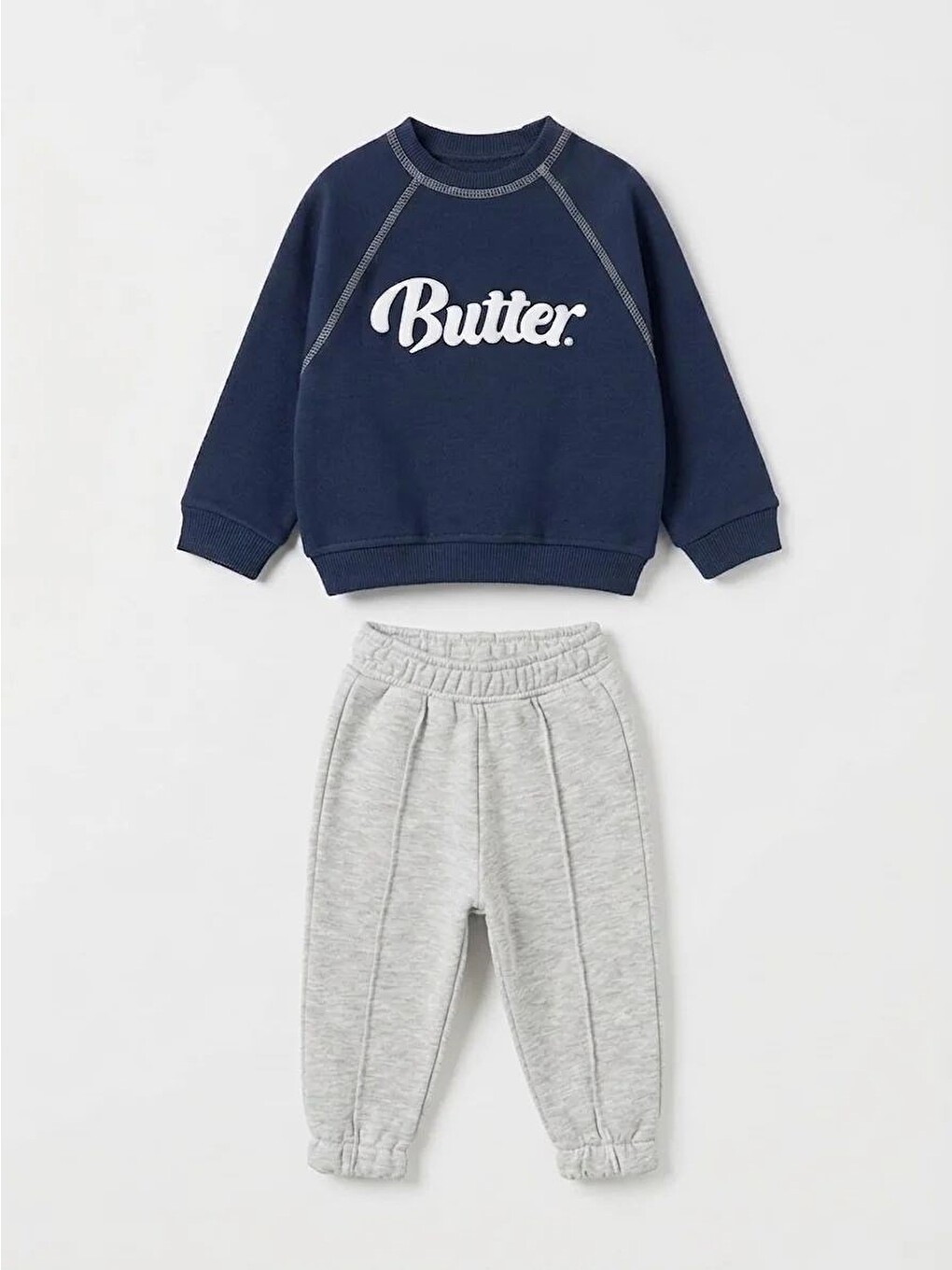 Karışık Bebek Pamuklu Butter Baskılı Lacivert Sweatshirt Ve Gri Eşofman Altı Takımı-1
