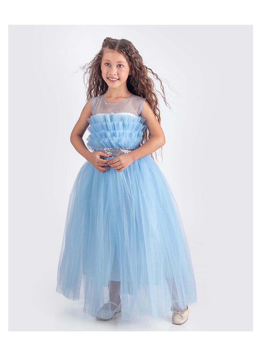 Mavi Sapes Model Sırt Gipeli Tüllü Kız Çocuk Askılı Saten Abiye MNK0618-1