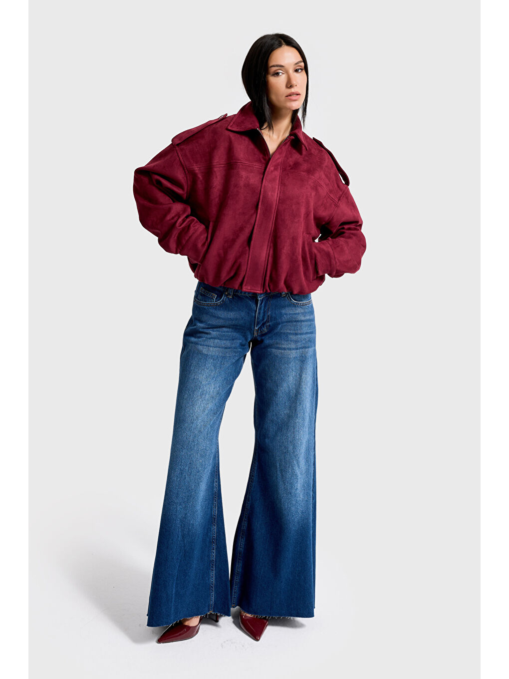 Kadın Bordo w5-35 Bomber Fit Bol Kesim Süet Kumaş Ceket-3