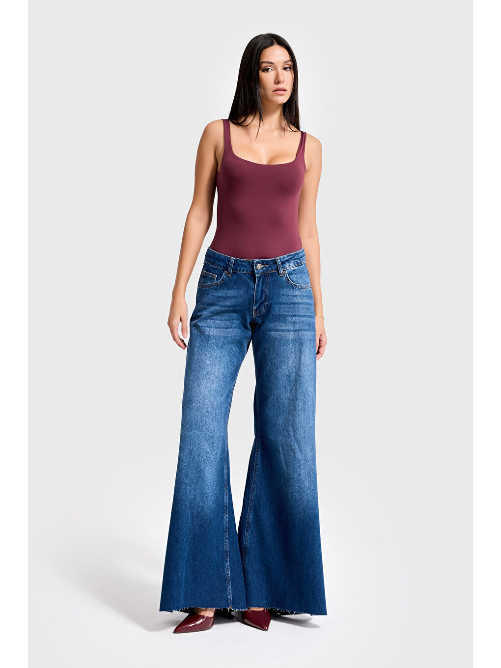 Kadın Koyu Mavi Renk 2w5-5 Elephant Leg Fit Bol Kesim Paça Detaylı Denim Jean-2