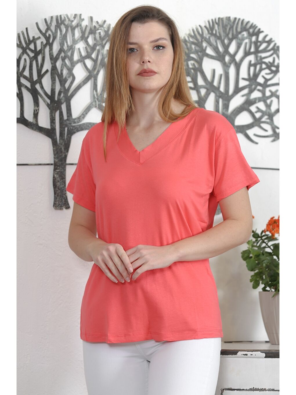 Koyu Pembe V Yaka Kısa Kol Örme Casual Bluz