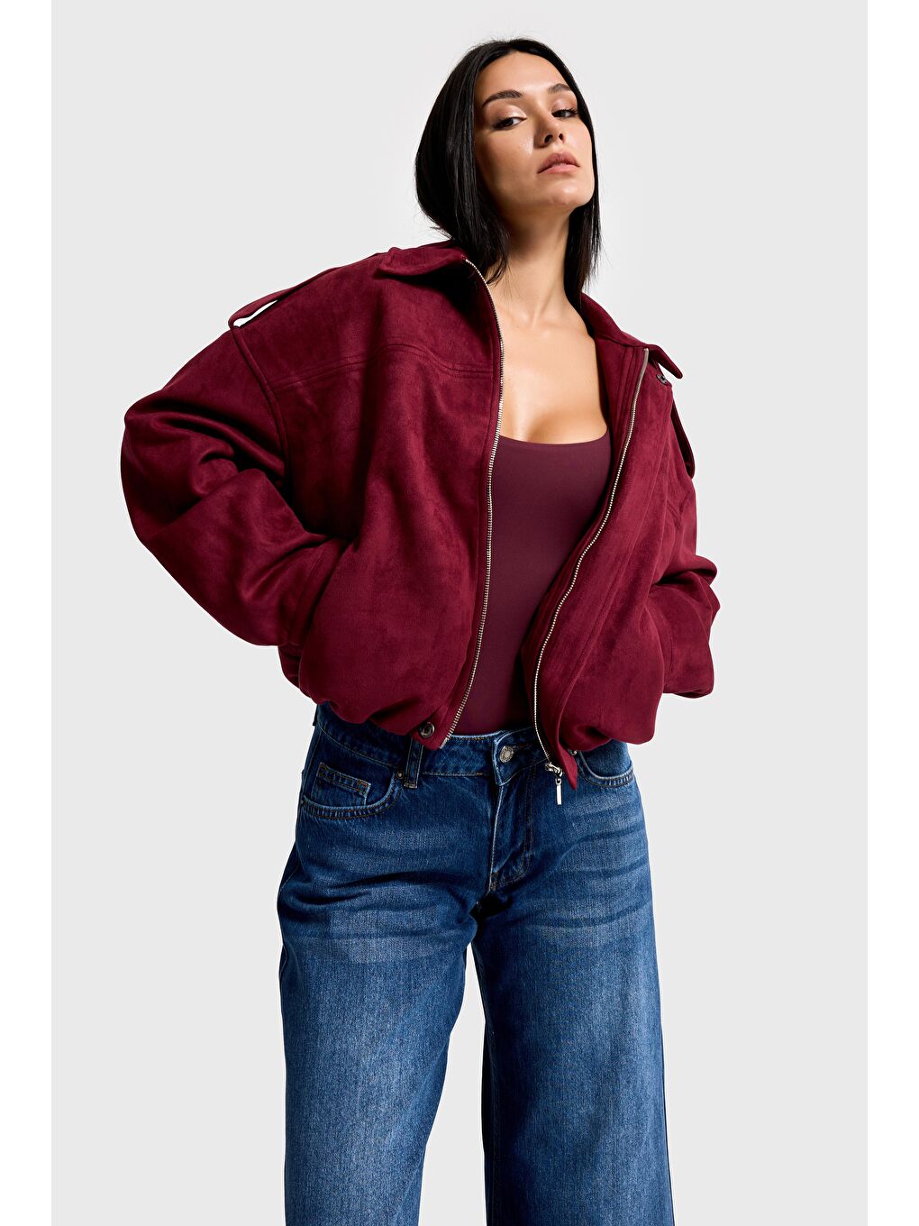 Kadın Bordo w5-35 Bomber Fit Bol Kesim Süet Kumaş Ceket-4