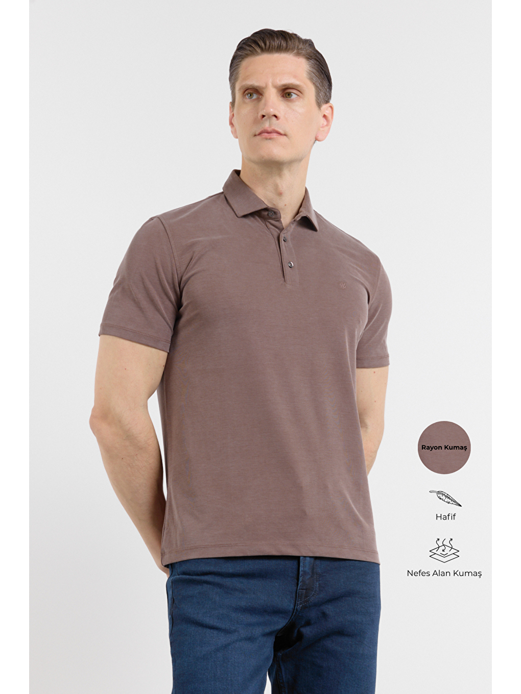 Kahverengi İtalyan Yaka Kısa Kol Cepsiz Slim Fit Pamuklu Tişört 1011260180