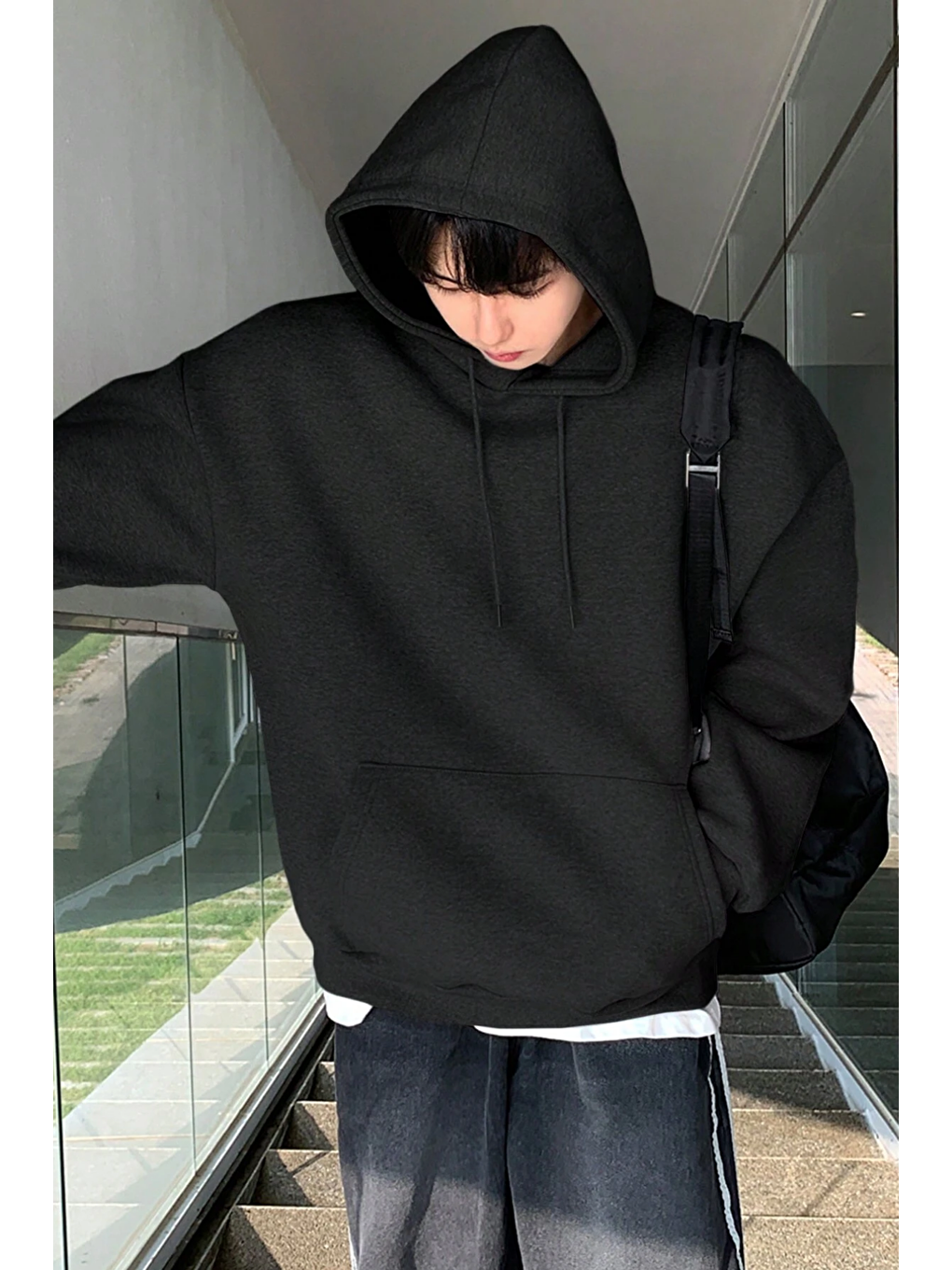 Siyah Erkek Sweatshirt Kanguru Cepli İçi Polarlı 3 İplik Kapüşonlu Oversize Sweatshirt KANGU-4