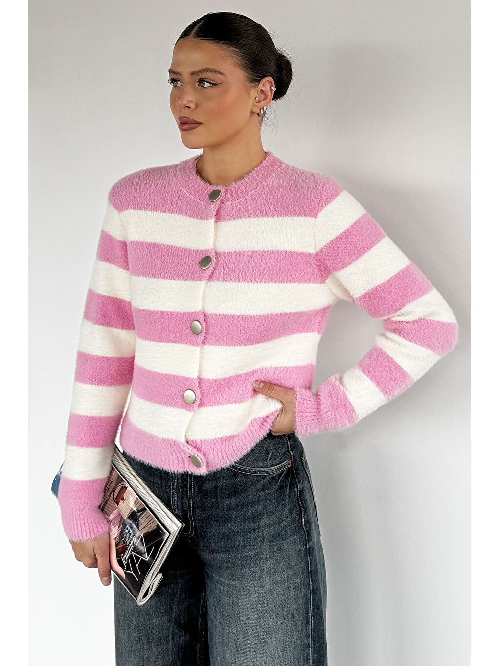 Pembe Kadın Renk Bloklu Yumoş Triko Ceket (s-m-l Beden Uyumludur.)-1