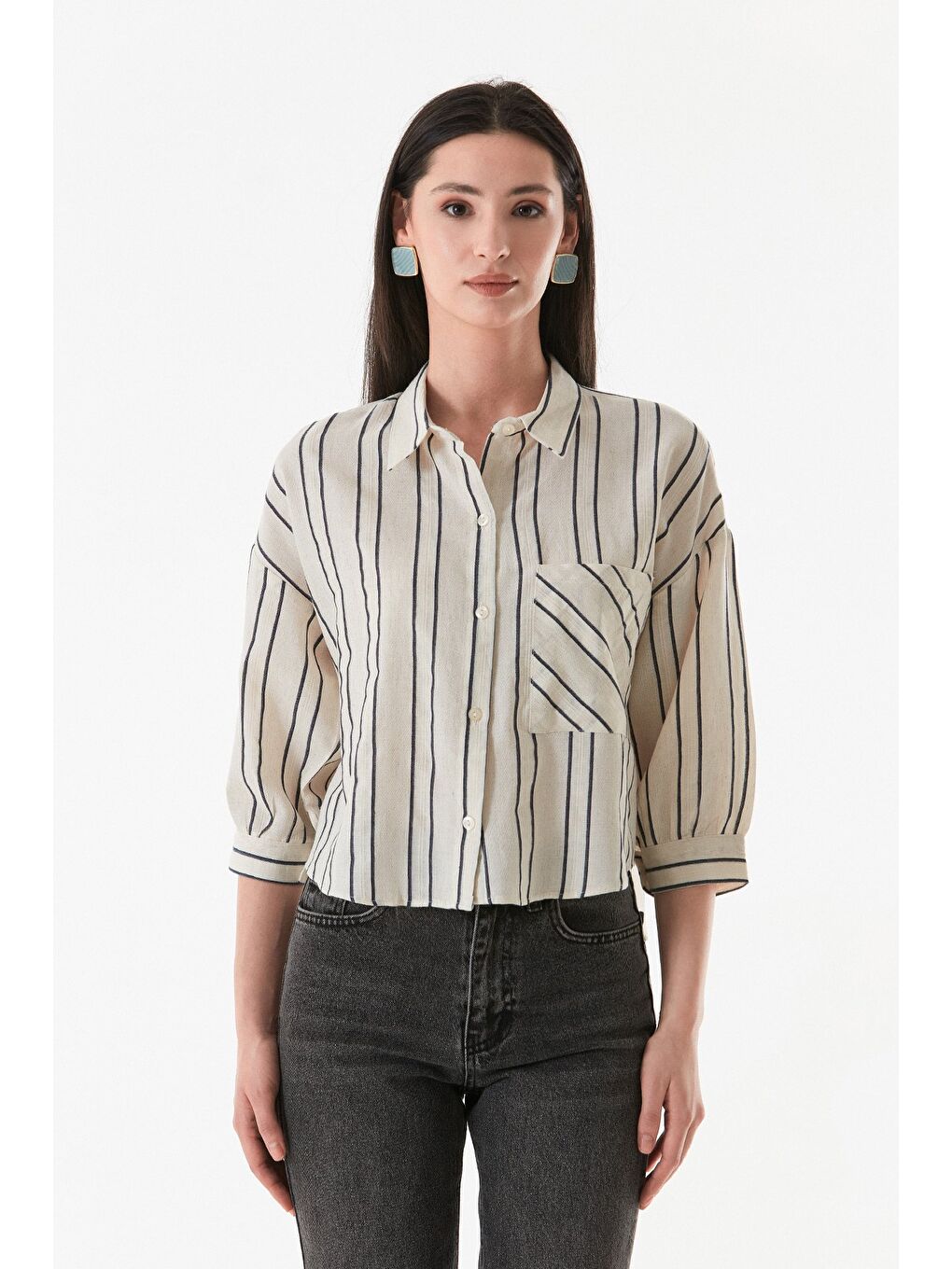 Antrasit Çizgili Arkası Uzun Keten Gömlek-3