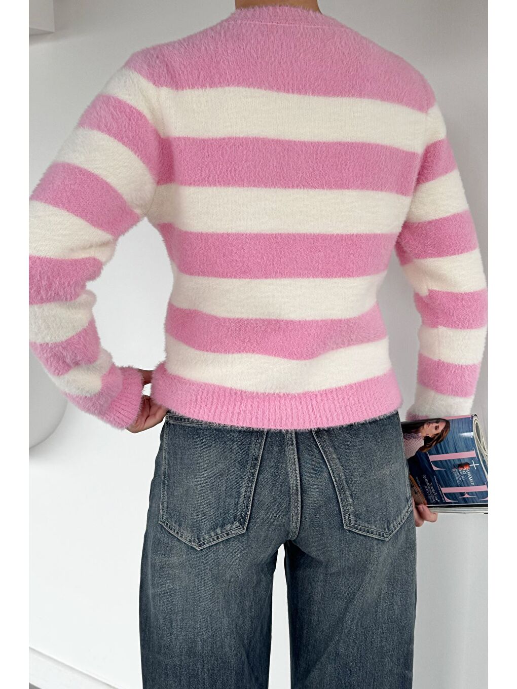 Pembe Kadın Renk Bloklu Yumoş Triko Ceket (s-m-l Beden Uyumludur.)-2