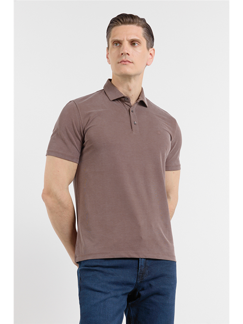 Kahverengi İtalyan Yaka Kısa Kol Cepsiz Slim Fit Pamuklu Tişört 1011260180-2