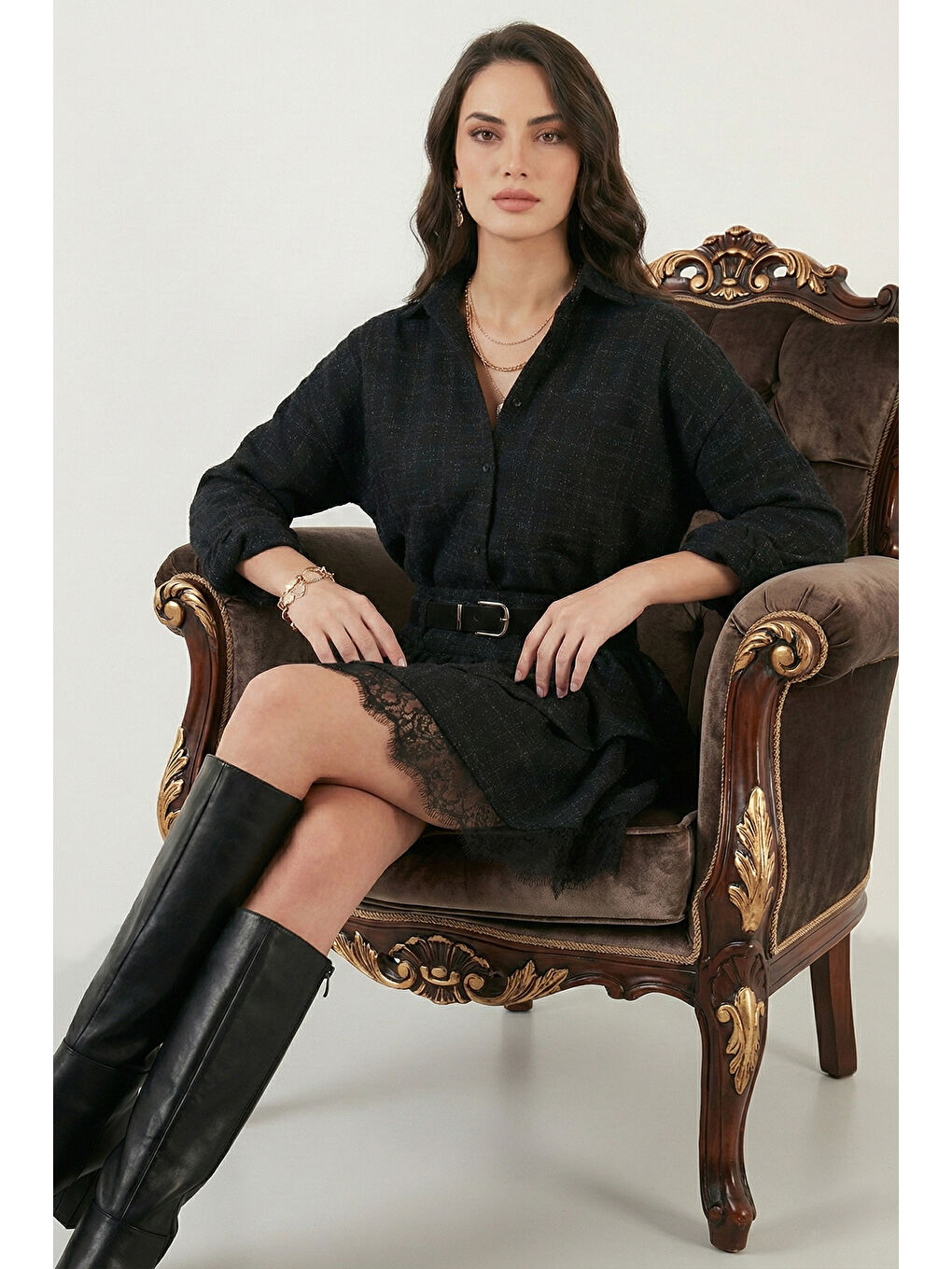 Siyah Ekoseli Dantel Detaylı Skater Kalıp Yüksek Bel Kemerli Kadın Mini Etek 59137180-1