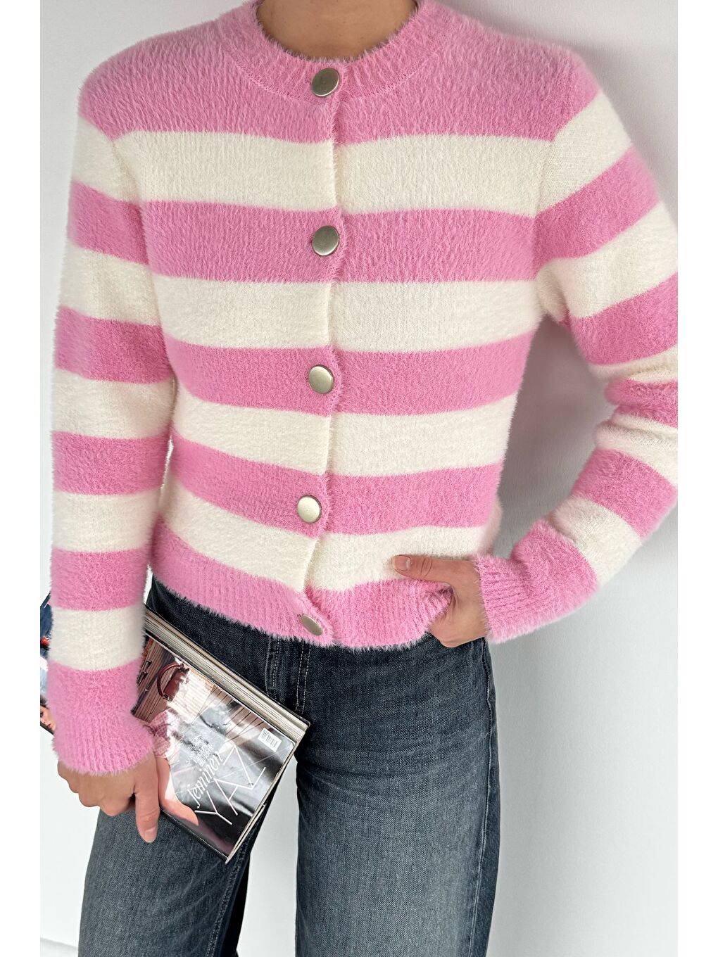 Pembe Kadın Renk Bloklu Yumoş Triko Ceket (s-m-l Beden Uyumludur.)-3