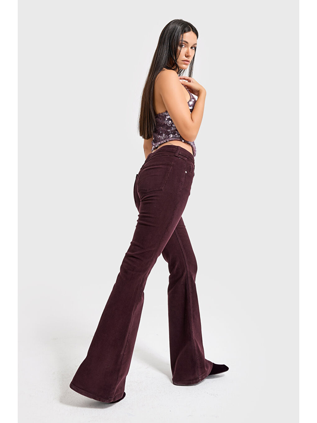 Kadın Koyu Bordo 29w5-153 Flare Fit Esnek İnce Fitilli Velvet Kadife Kumaş Pantolon-1
