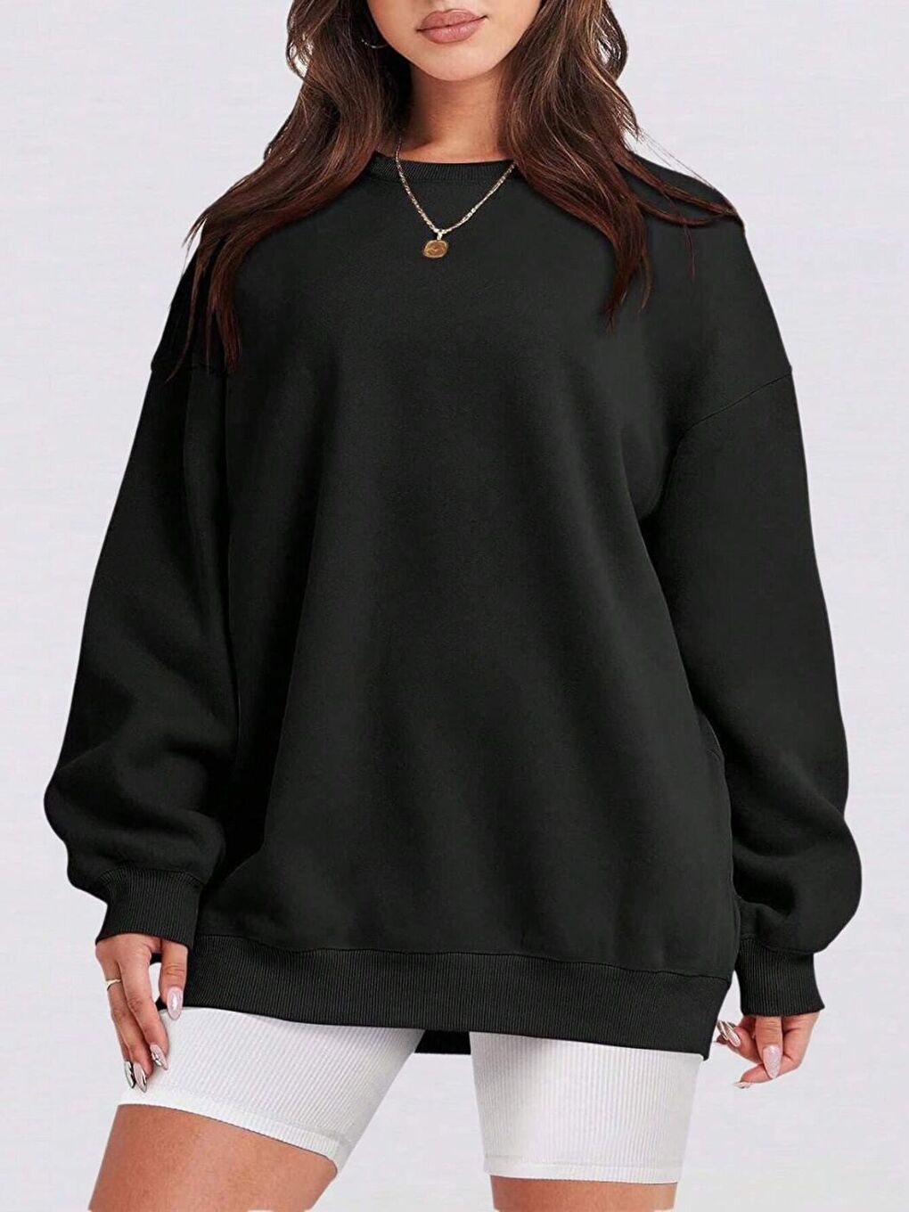 Trendseninle Kadın Siyah Bol Kalıp Bisiklet Yaka Oversize Sweatshirt - 1