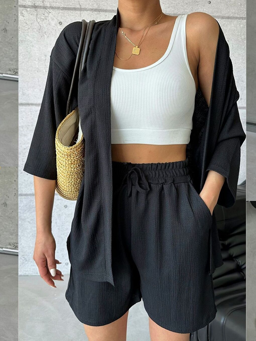 Kadın Siyah Kimono Gömlek Şort Alt Üst Takım