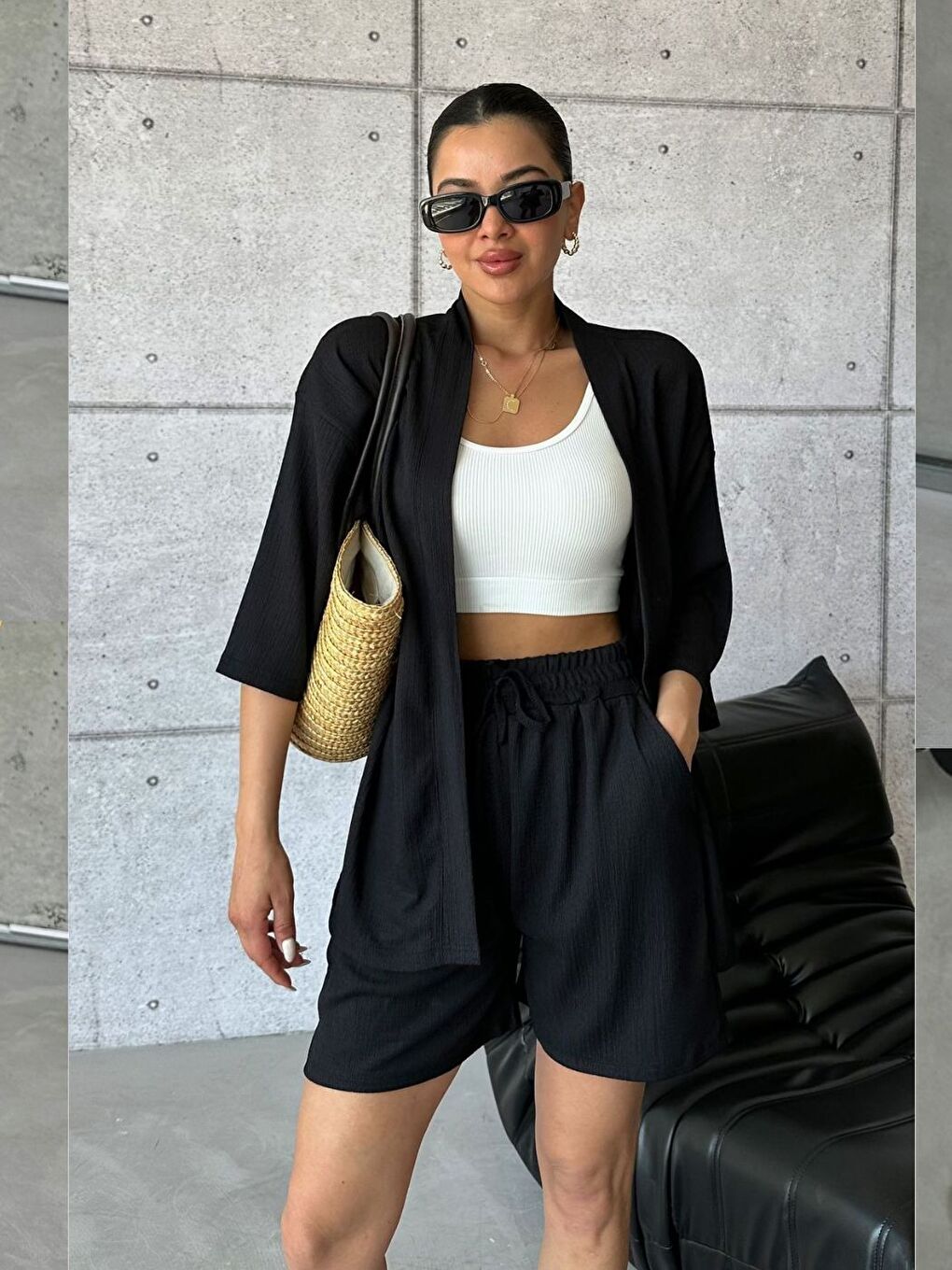 Kadın Siyah Kimono Gömlek Şort Alt Üst Takım-1