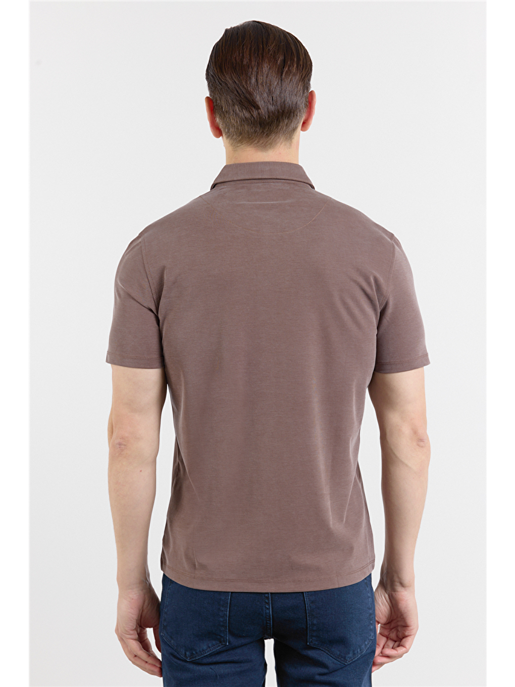 Kahverengi İtalyan Yaka Kısa Kol Cepsiz Slim Fit Pamuklu Tişört 1011260180-5