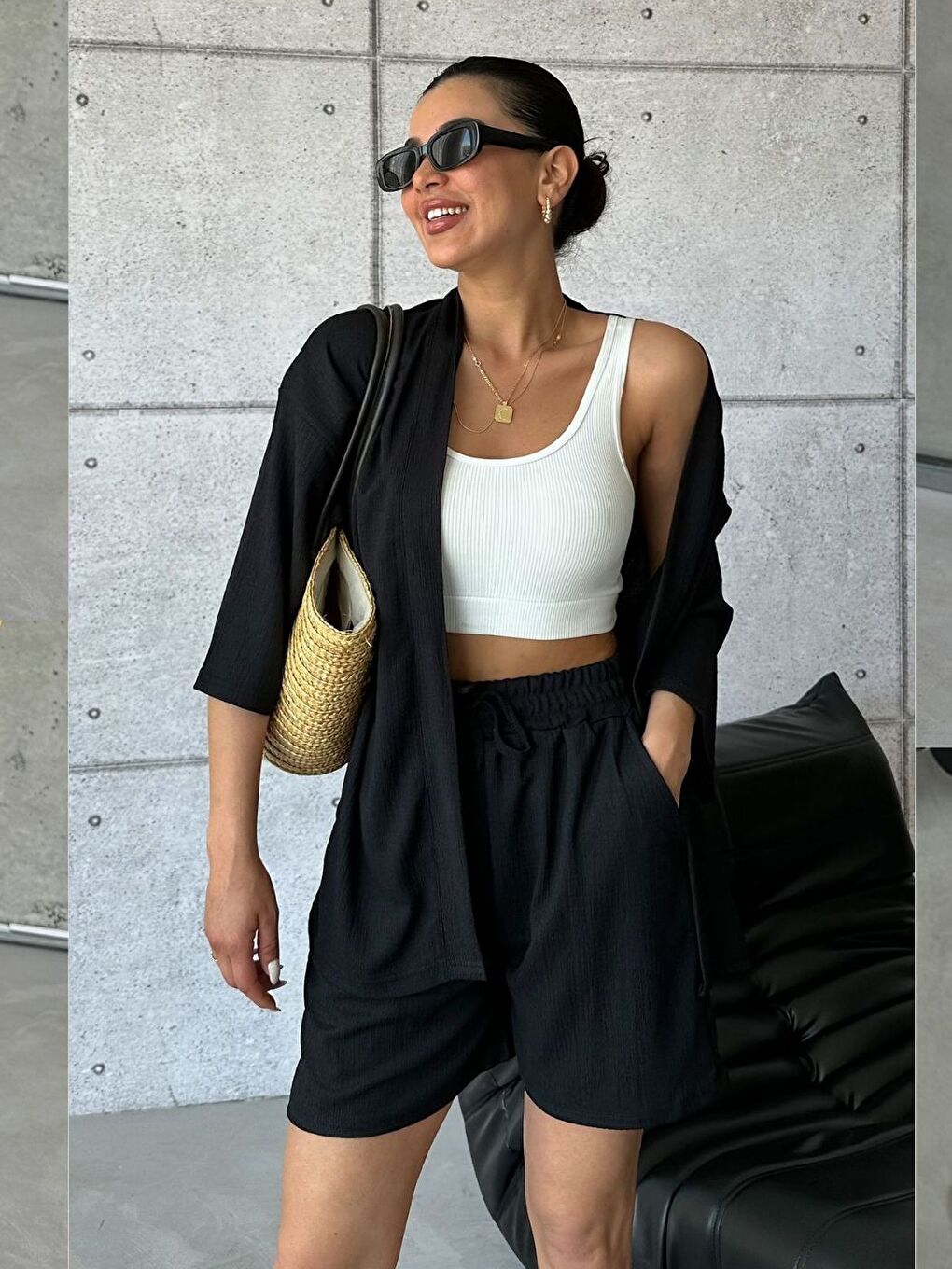 Kadın Siyah Kimono Gömlek Şort Alt Üst Takım-2