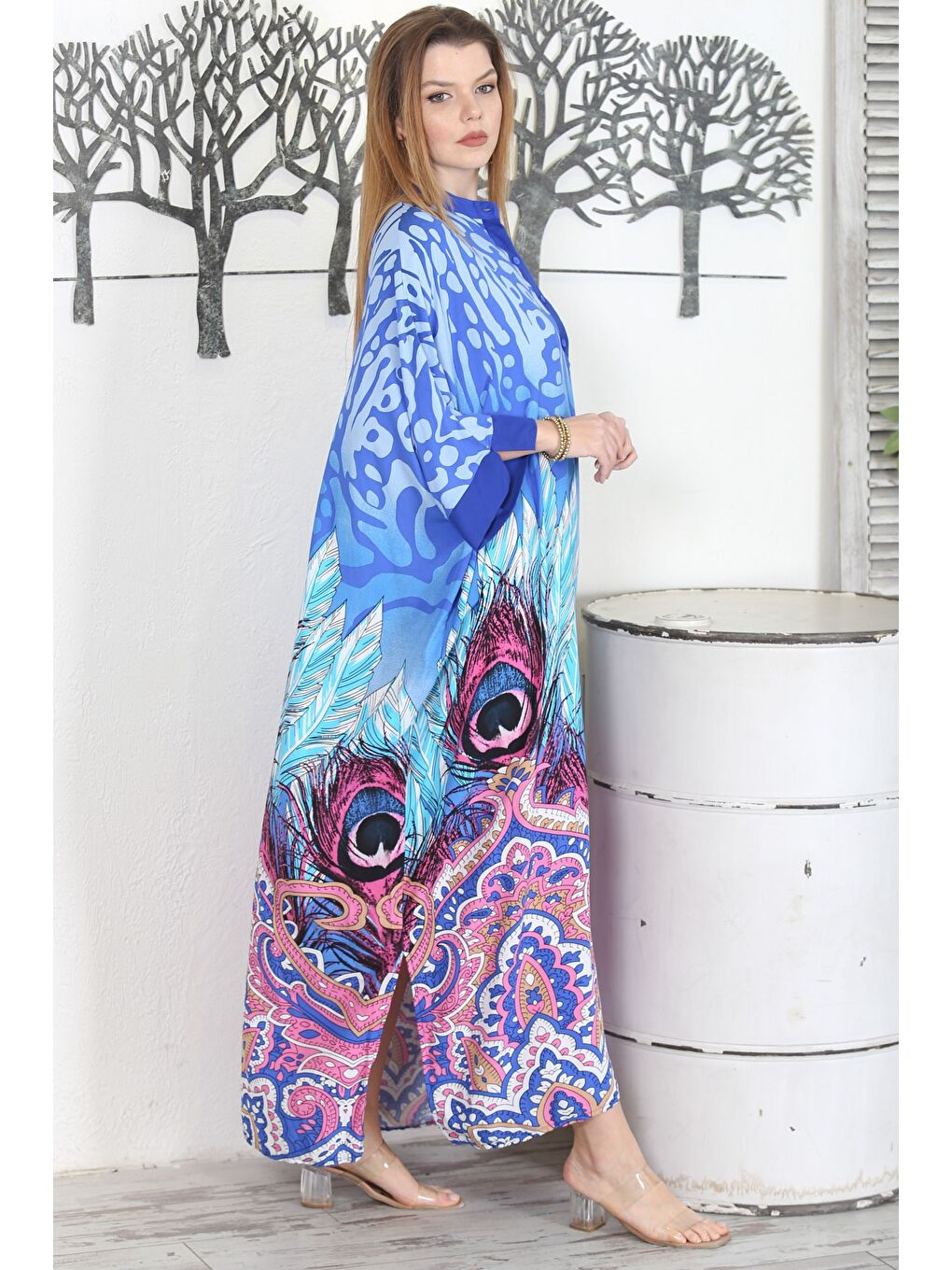 Mavi Hakim Yaka 3/4 Kol Düğmeli Yırtmaçlı Allover Baskılı Casual Dokuma Elbise-2