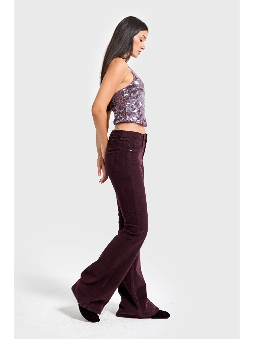 Kadın Koyu Bordo 29w5-153 Flare Fit Esnek İnce Fitilli Velvet Kadife Kumaş Pantolon-2