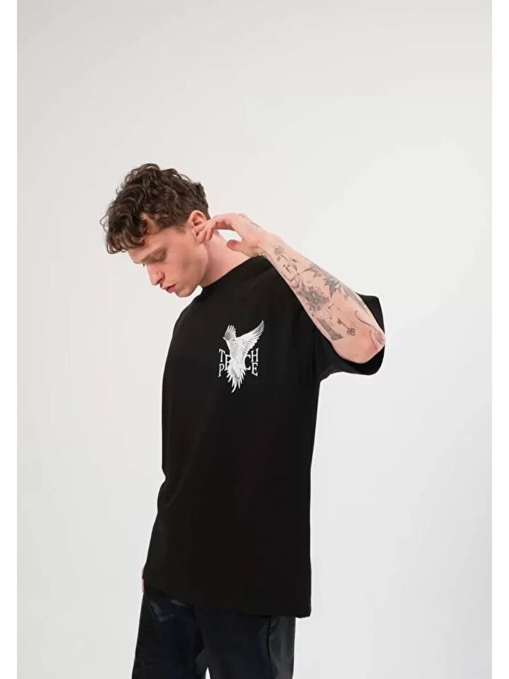 Unisex Bisiklet Yaka Baskılı Oversize T-Shirt - Siyah-1