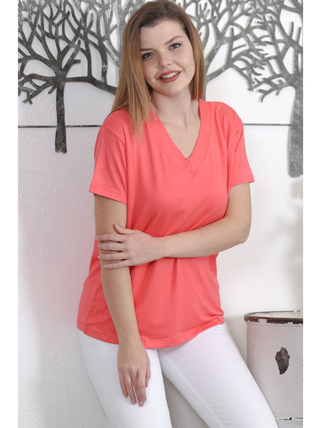 Koyu Pembe V Yaka Kısa Kol Örme Casual Bluz-1