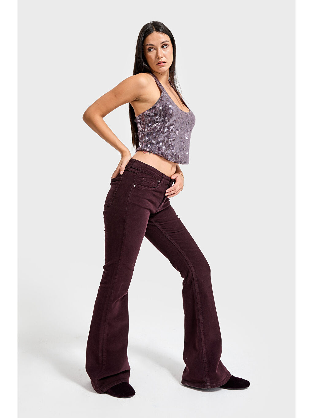 Kadın Koyu Bordo 29w5-153 Flare Fit Esnek İnce Fitilli Velvet Kadife Kumaş Pantolon-3