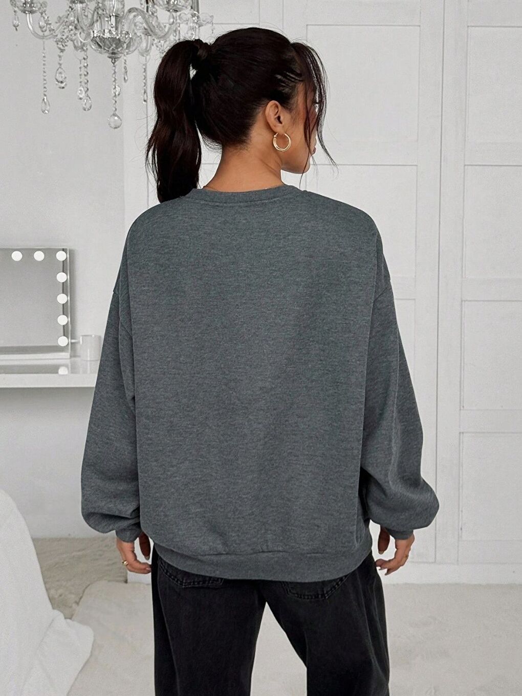 Gri Füme Regular Düz Bisiklet Yaka Sweatshirt-1