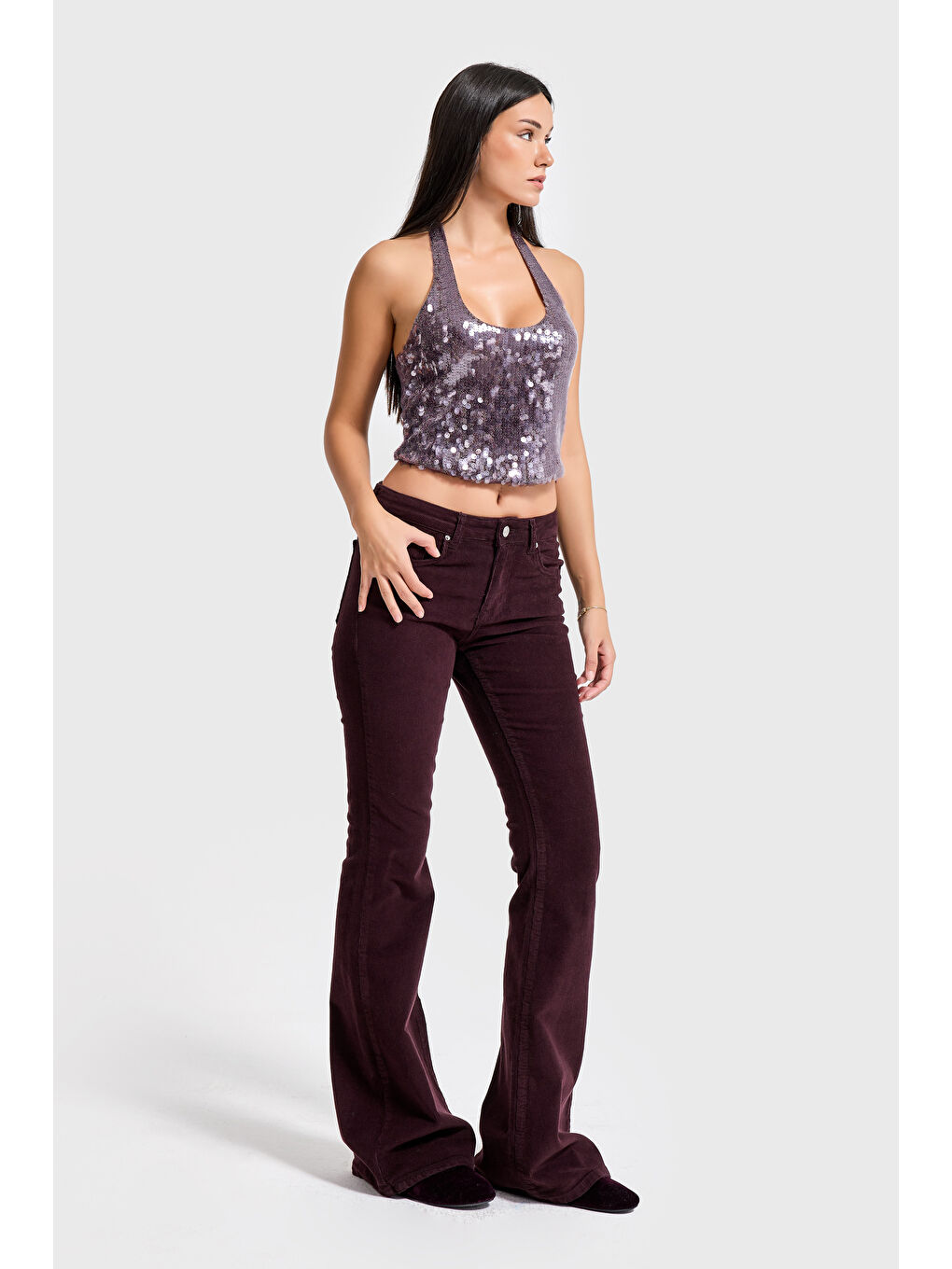 Kadın Koyu Bordo 29w5-153 Flare Fit Esnek İnce Fitilli Velvet Kadife Kumaş Pantolon-4