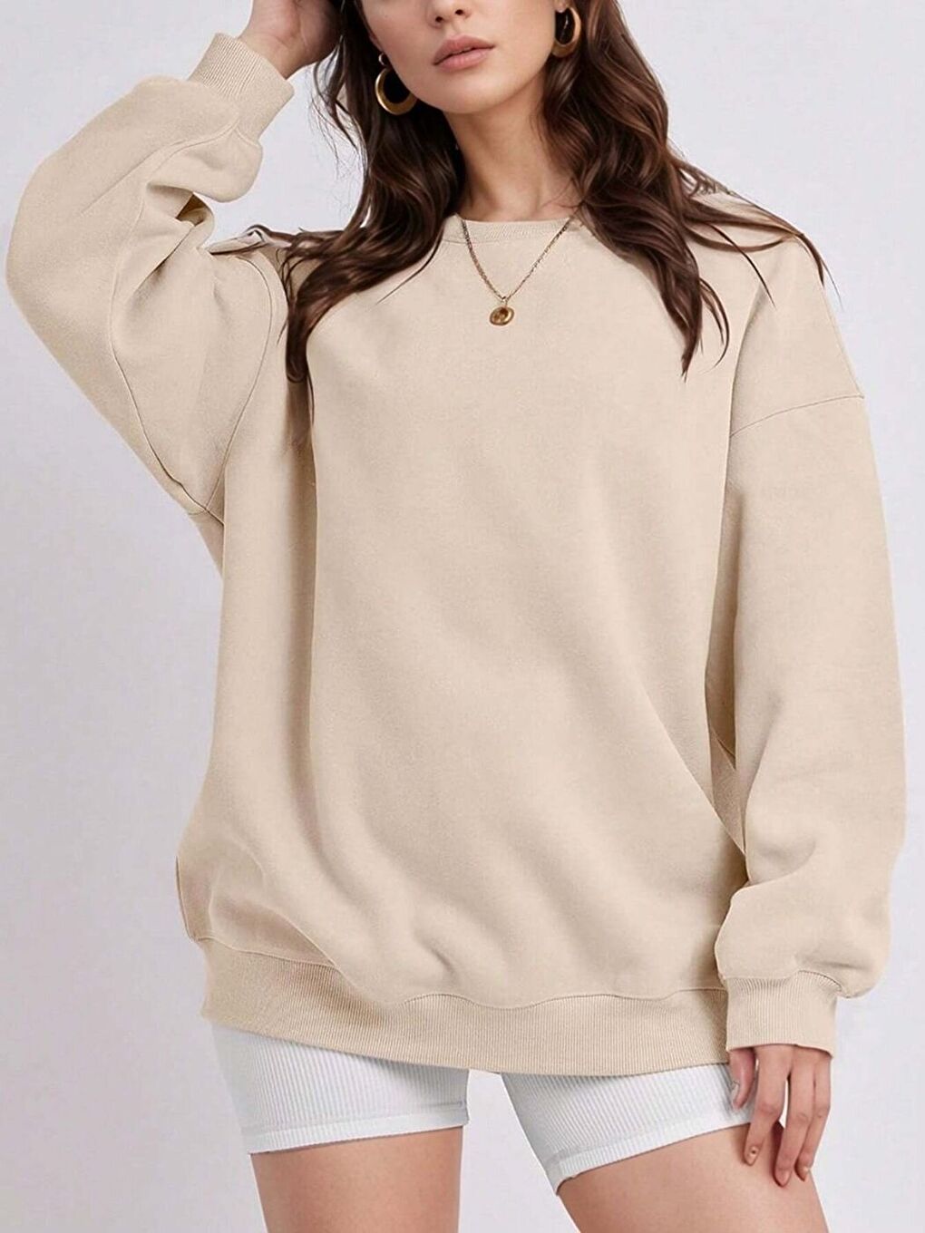 Trendseninle Kadın Bej Bol Kalıp Bisiklet Yaka Oversize Sweatshirt