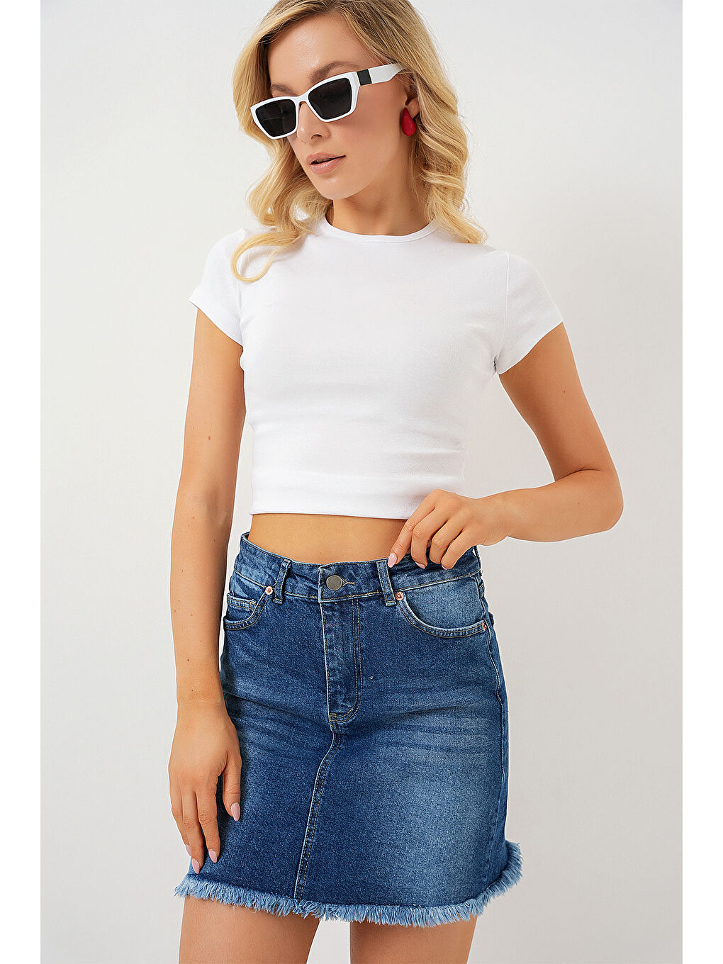 Kadın Püsküllü Mini Jean Etek 8051   Lacivert