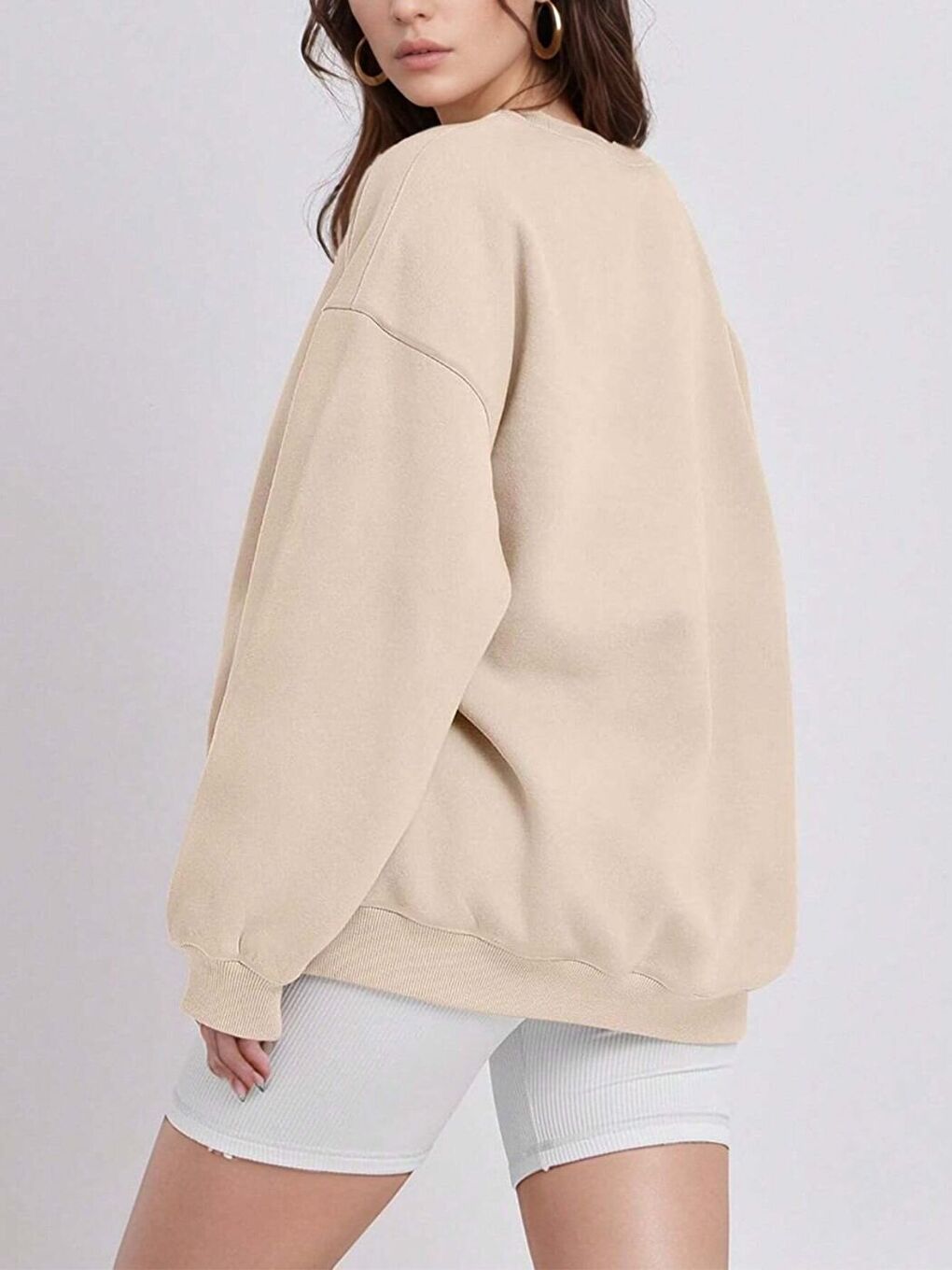 Trendseninle Kadın Bej Bol Kalıp Bisiklet Yaka Oversize Sweatshirt - 2
