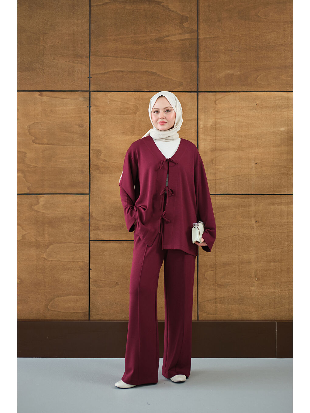 Kadın V Yaka Bağcıklı Regular Viskon Kimono Takım Mürdüm