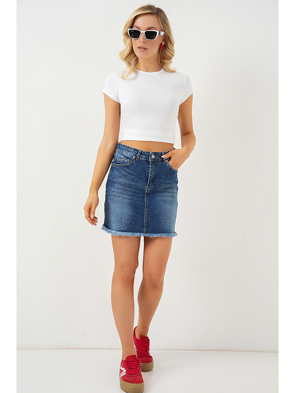 Kadın Püsküllü Mini Jean Etek 8051   Lacivert-1