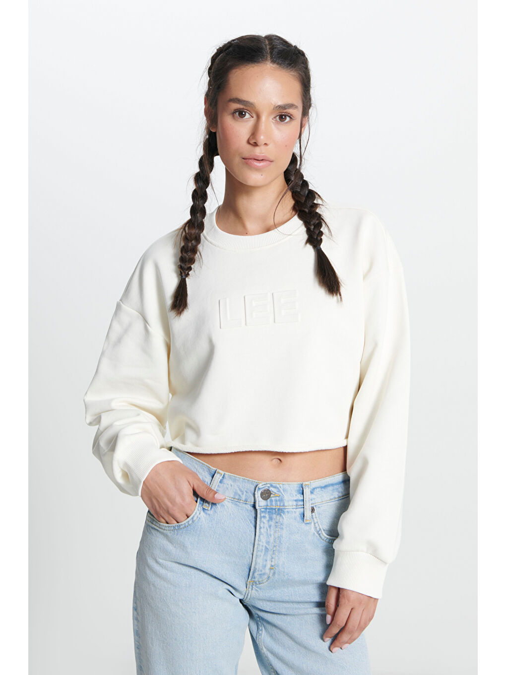 Bisiklet Yaka %100 Pamuk Ekru Crop Sweatshirt
